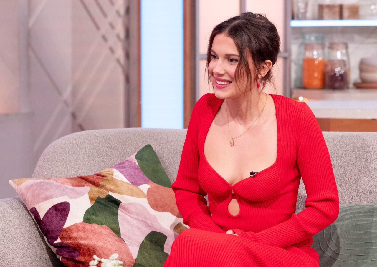 Millie Bobby Brown stuns in red dress on Lorraine Show in London 2