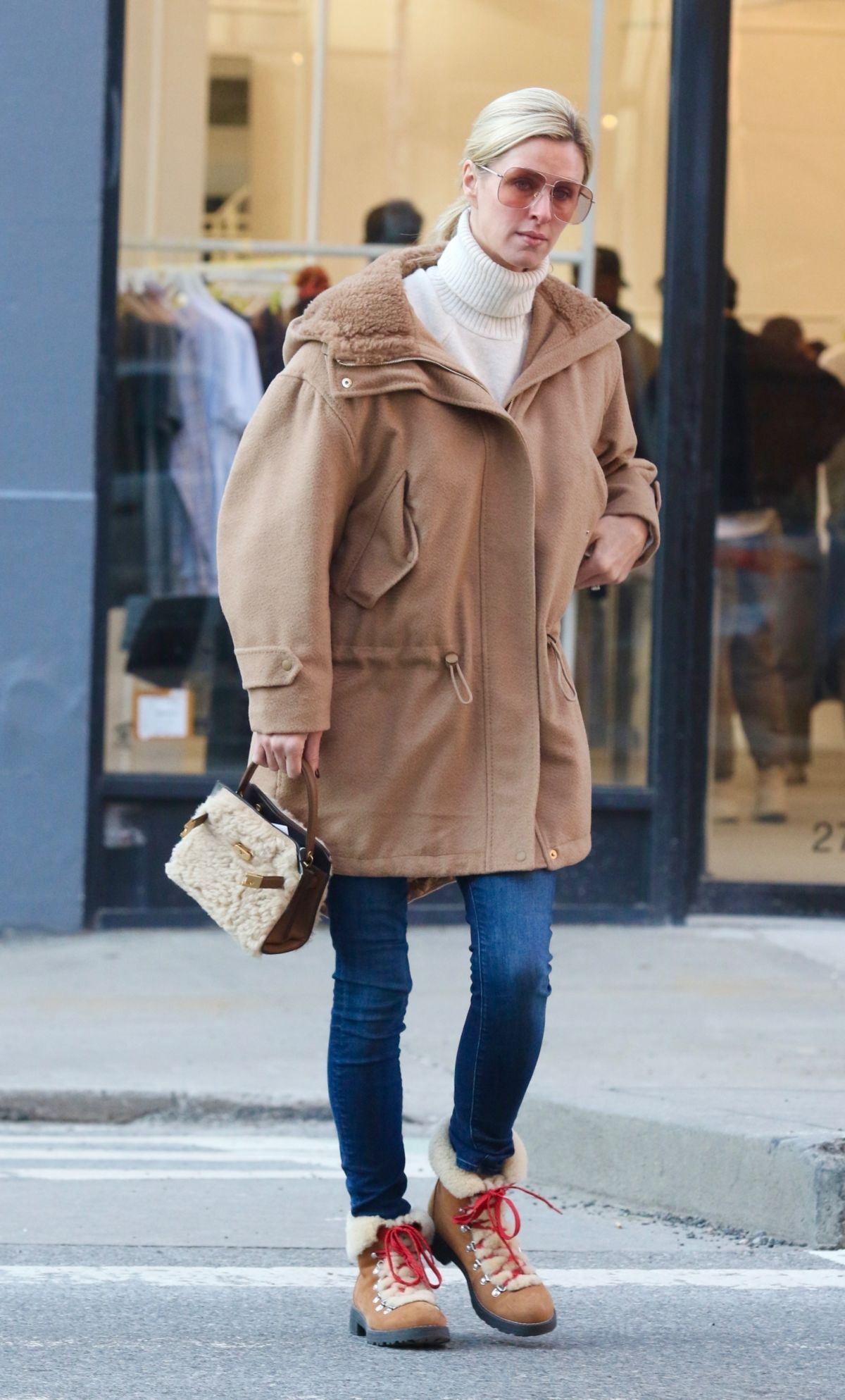Nicky Hilton Chic NYC Style Brown Overcoat and Denim Delight 2