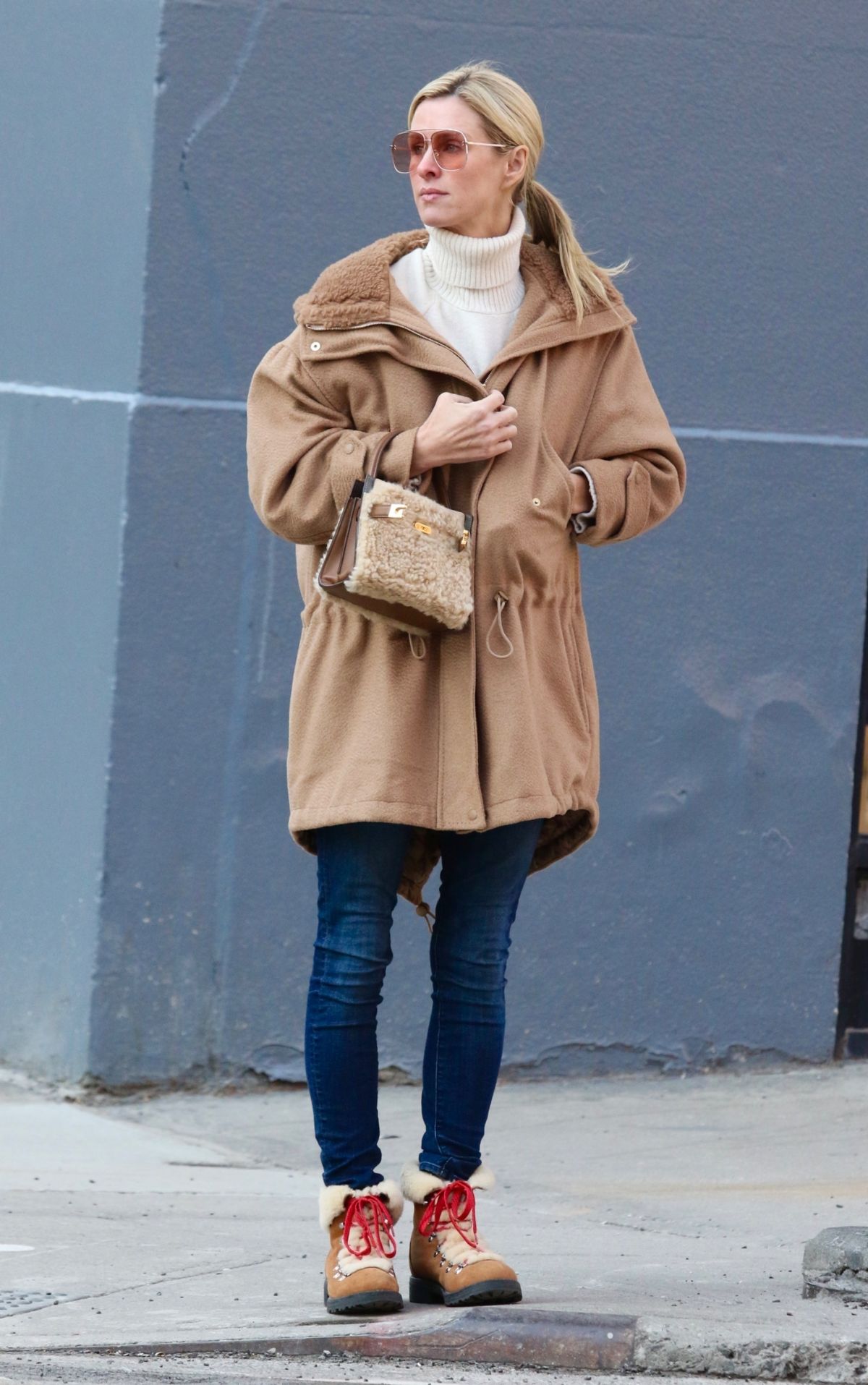 Nicky Hilton Chic NYC Style Brown Overcoat and Denim Delight 3
