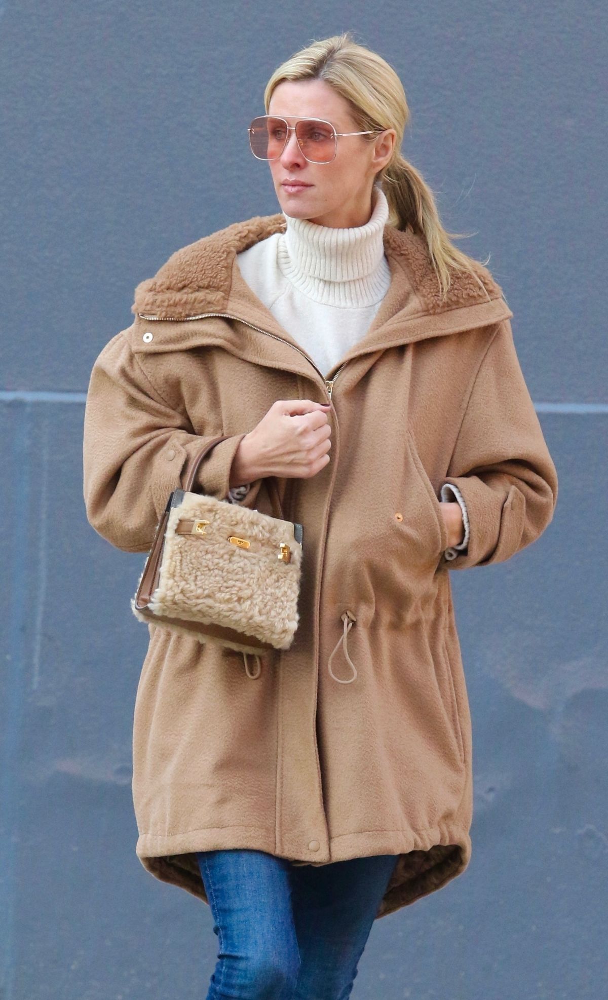 Nicky Hilton Chic NYC Style Brown Overcoat and Denim Delight 4