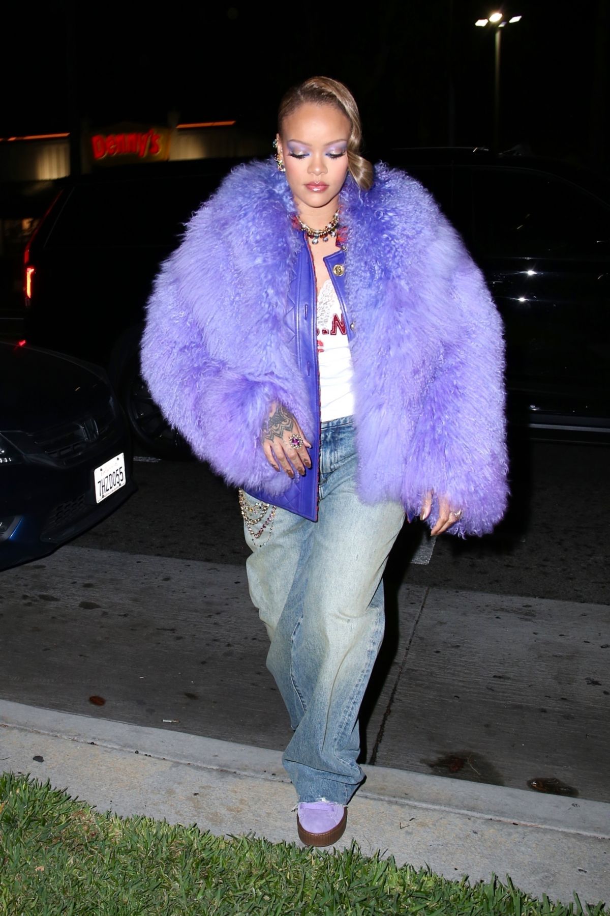 Rihanna in Purple Fur Jacket at Fenty x Puma Sneakers Event 1