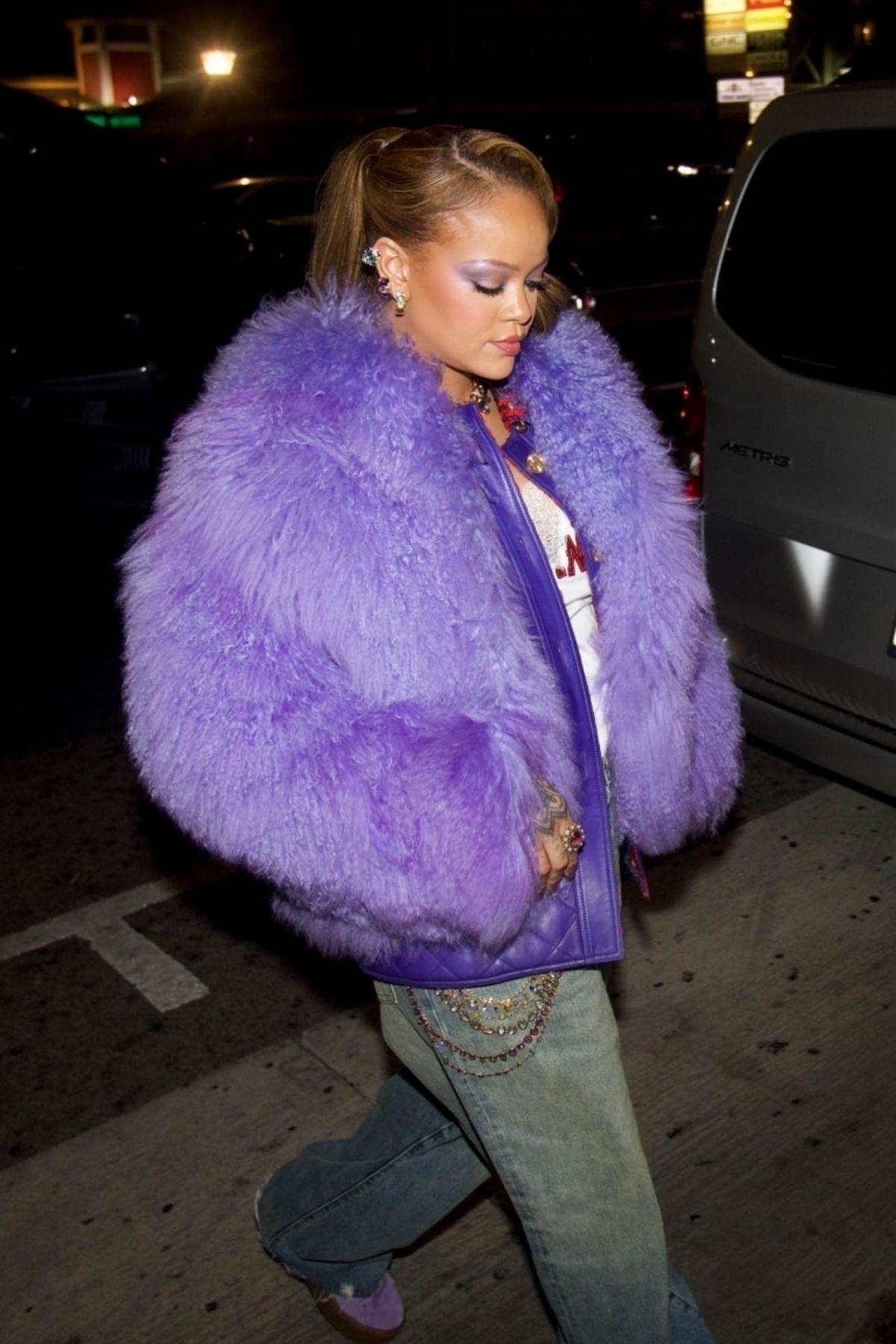 Rihanna in Purple Fur Jacket at Fenty x Puma Sneakers Event