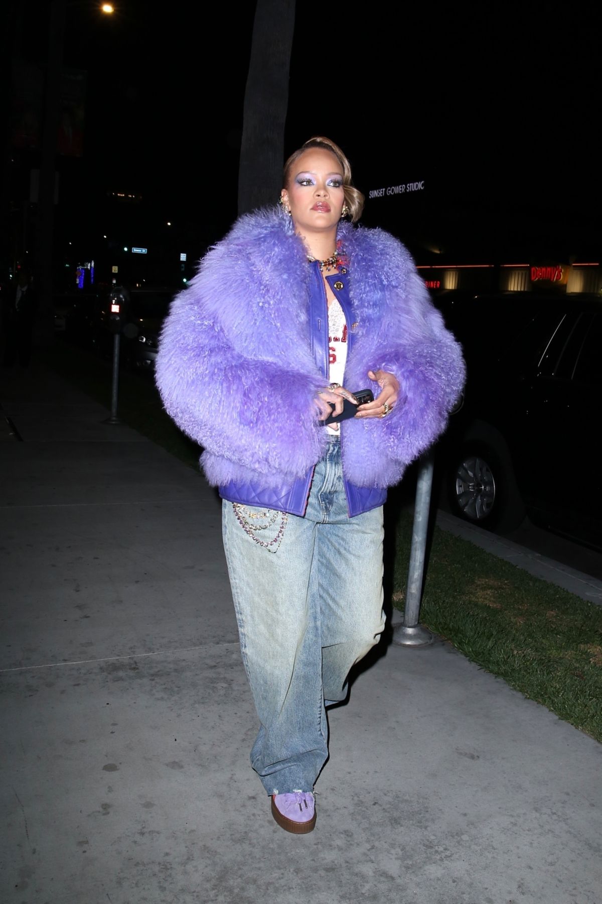 Rihanna in Purple Fur Jacket at Fenty x Puma Sneakers Event 2
