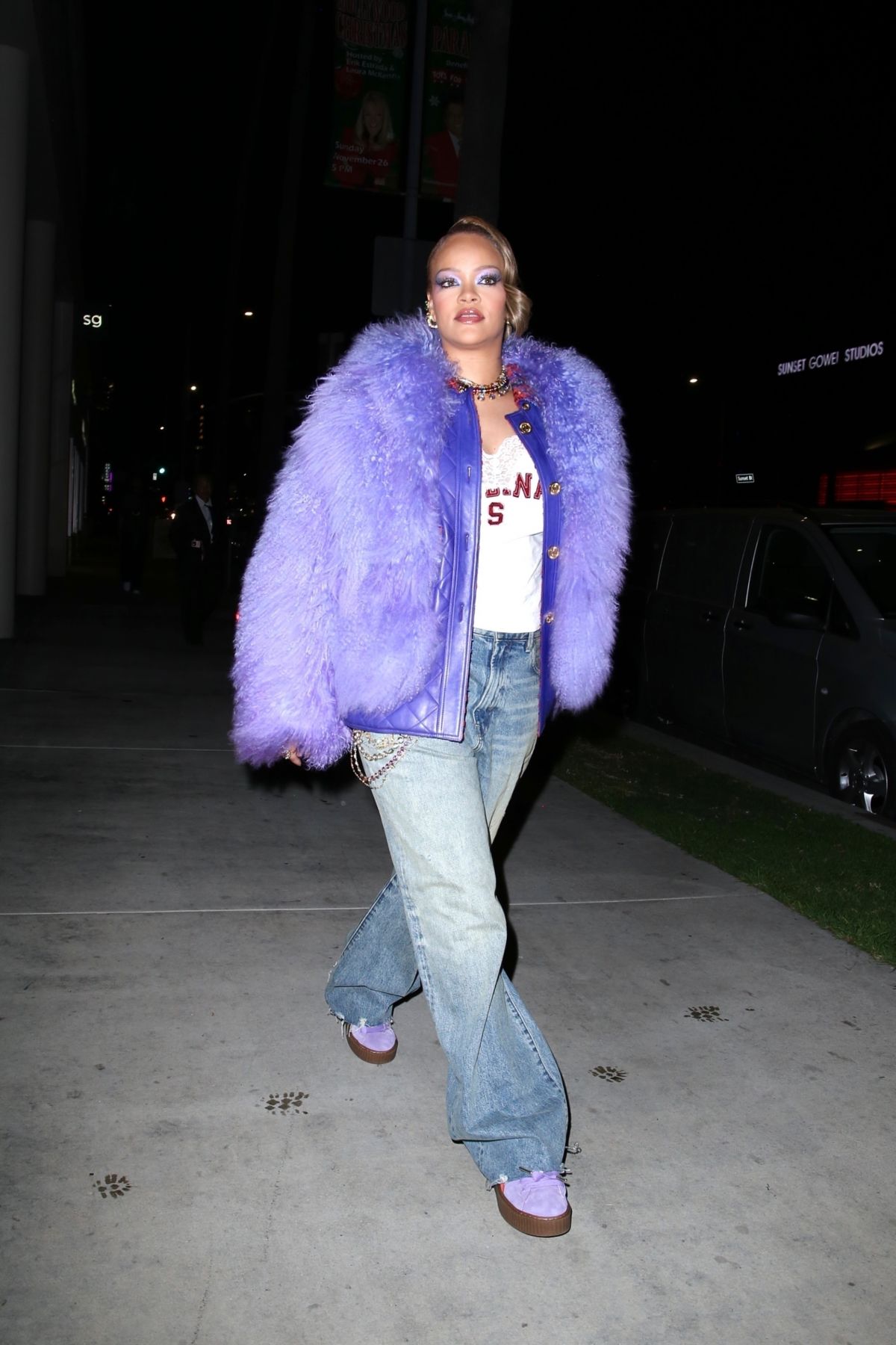 Rihanna in Purple Fur Jacket at Fenty x Puma Sneakers Event 3