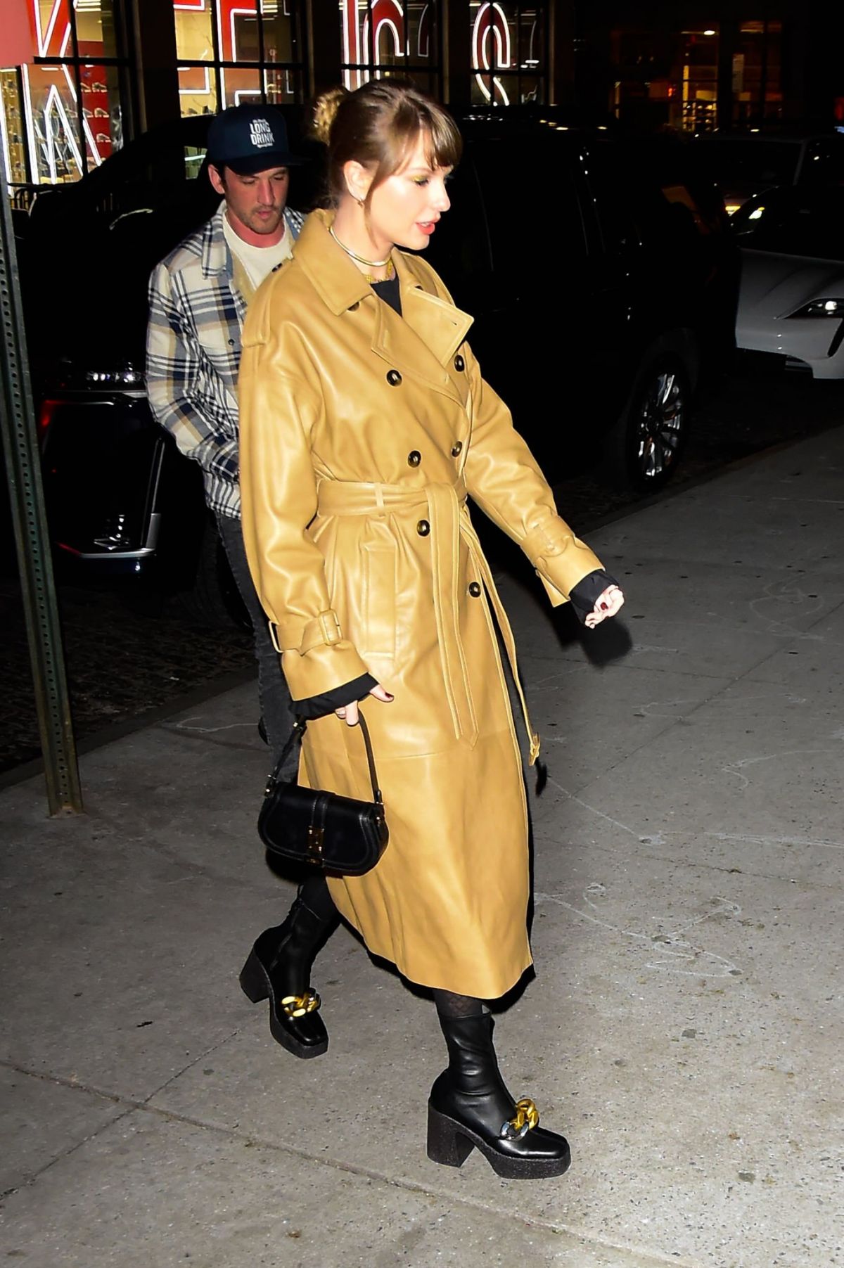 Taylor Swift Leather Overcoat at Zero Bond, NYC 1