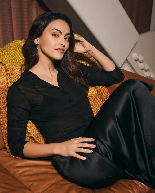 Camila Mendes in Black Transparent Top and Satin Bottom during Photoshoot