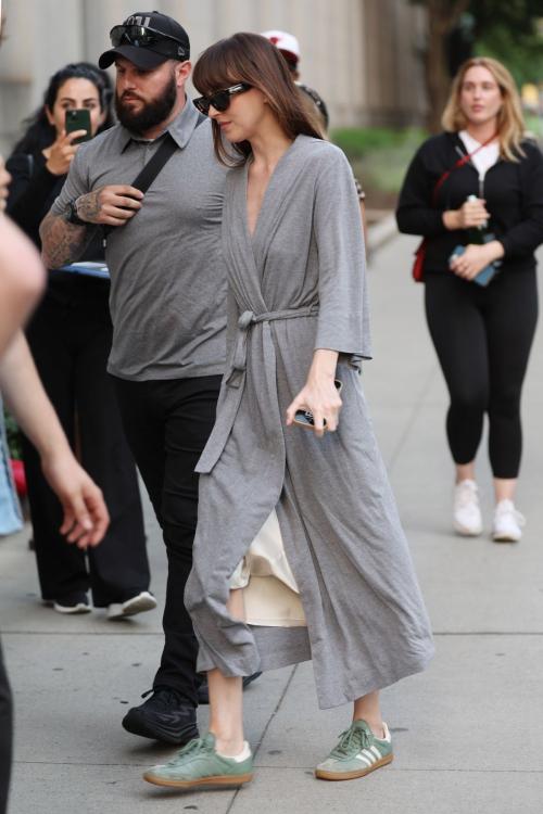 Dakota Johnson in a Robe on the Set of Materialists in New York 2