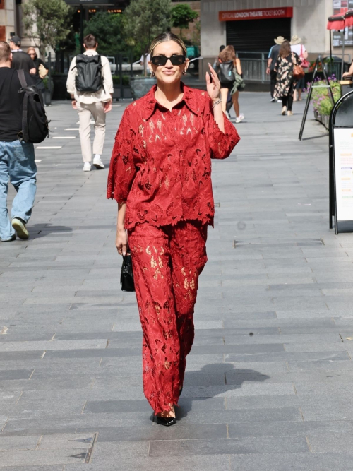 Ashley Roberts in red leaves Heart Radio, June 2025