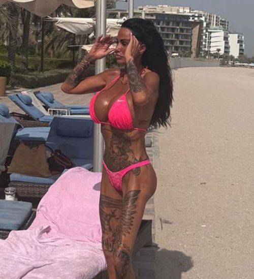 Katie Price in bikini at Dubai beach, June 2025