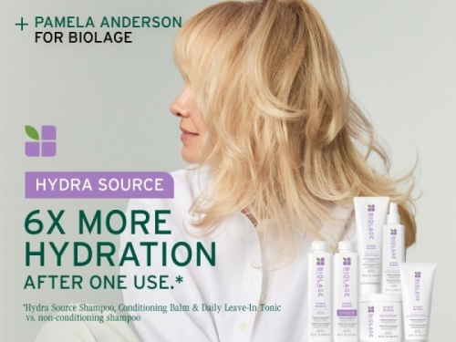 Side profile of Pamela Anderson with voluminous blonde waves in Biolage Hydra Source campaign highlighting 6X more hydration after one use