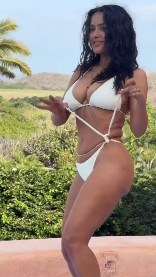 Salma Hayek dancing in white bikini, July 2025