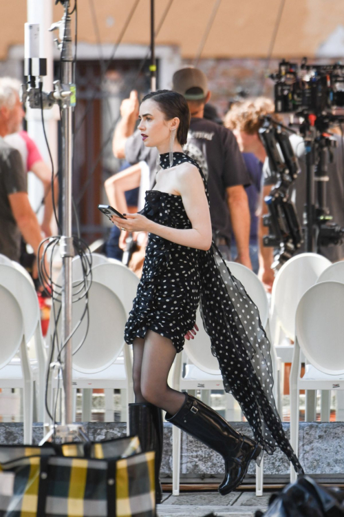 Lily Collins on Emily in Paris set Venice, August 2025