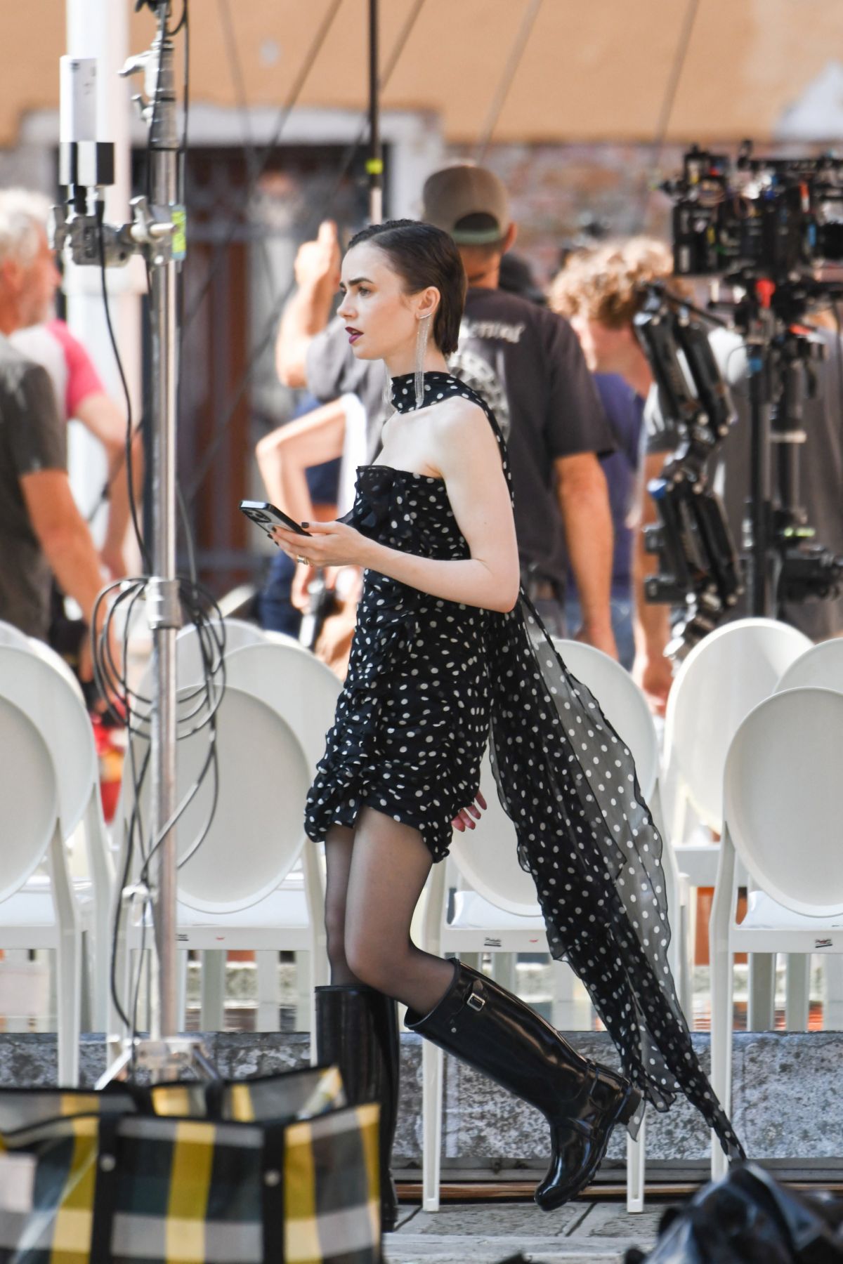 Lily Collins on Emily in Paris set Venice, August 2025