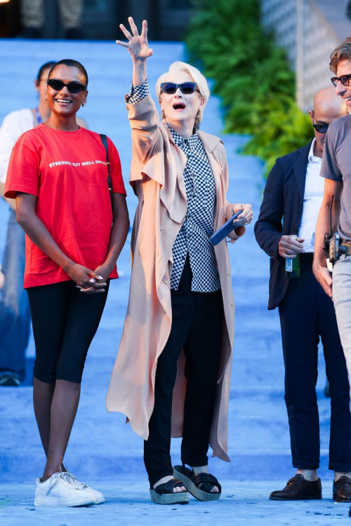 Simone Ashley and Meryl Streep on set in NYC, August 2025
